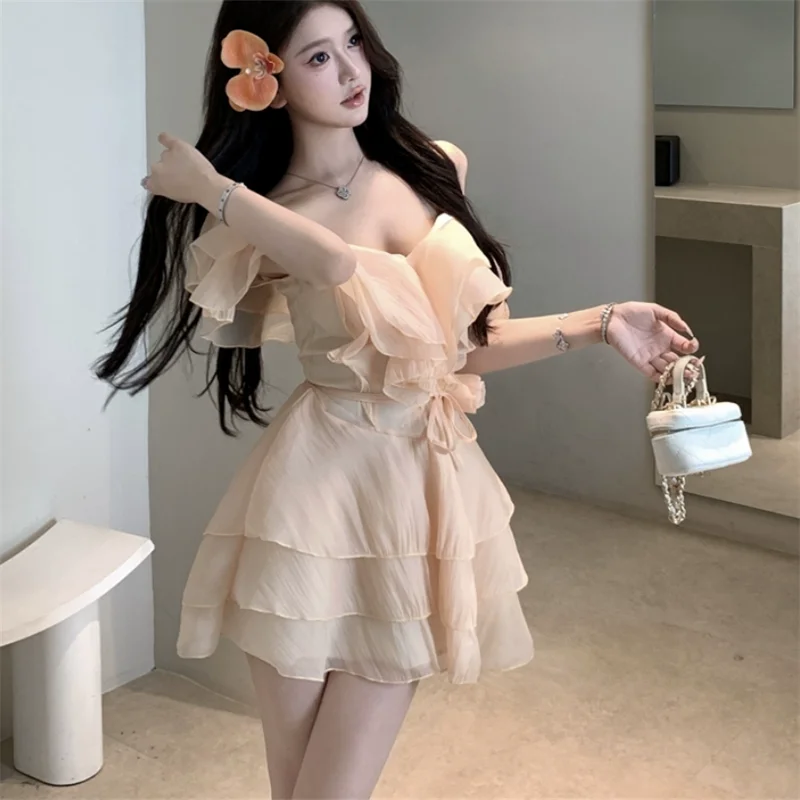 Vestido de fiesta sin tirantes con volantes morados elegante de verano para mujer, minivestido Sexy de verano con hombros descubiertos y cuello oblicuo