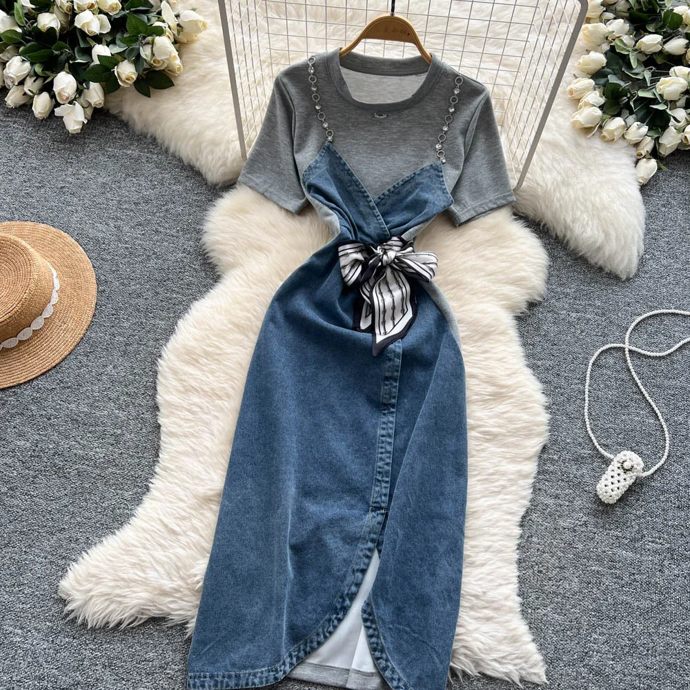 

Long Dress Women Patchwork Denim Dresses A Line Short Sleeve Round Neck Neck Fake Two Piece Elegant Vestidos Casual High Waist