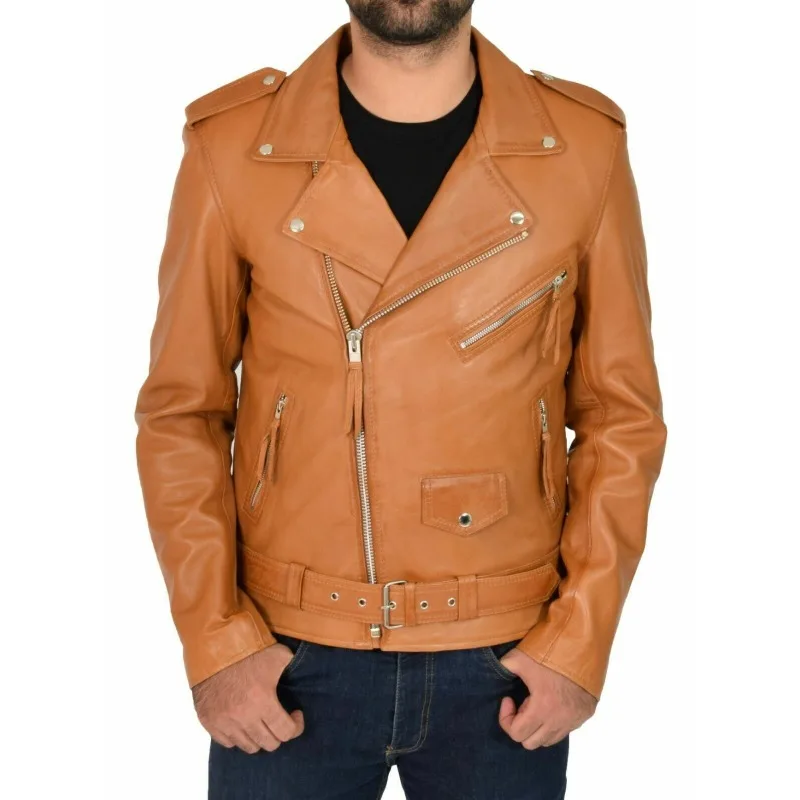 

New Men's Lambskin 100% Leather Jacket Biker Motorcycle Stylish Belted Tan Coat