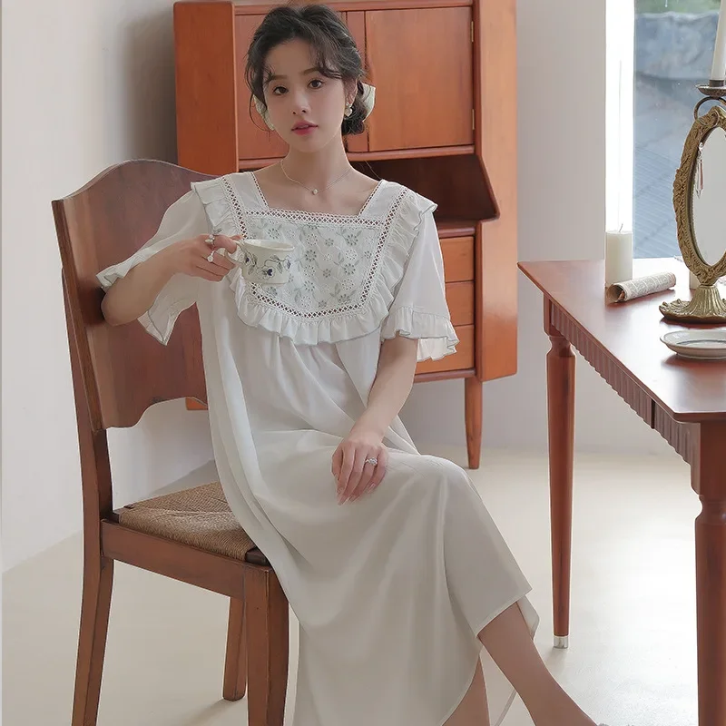 

Vintage Solid Color Nightwear Sweet Short Sleeve Ruffles Nightgown Pure Cotton Women Summer Night Dress Fairy Long Nightdress