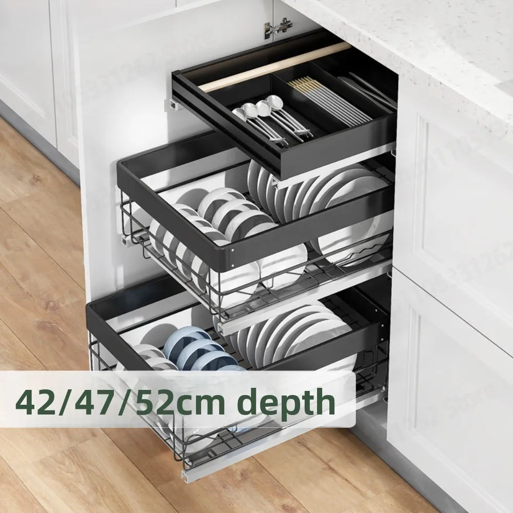 2-Tier Stainless Steel Pull Out Cabinet Basket 300mm Wide 52cm Deep Drawer Organizer for Kitchen Utensil Spice Storage
