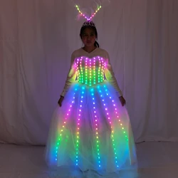 Full Color Pixel LED Skirt Dreamy luminous Wedding Dress Wings Bodysuit Women Singer Stage Costume Party Show Dancer Performance