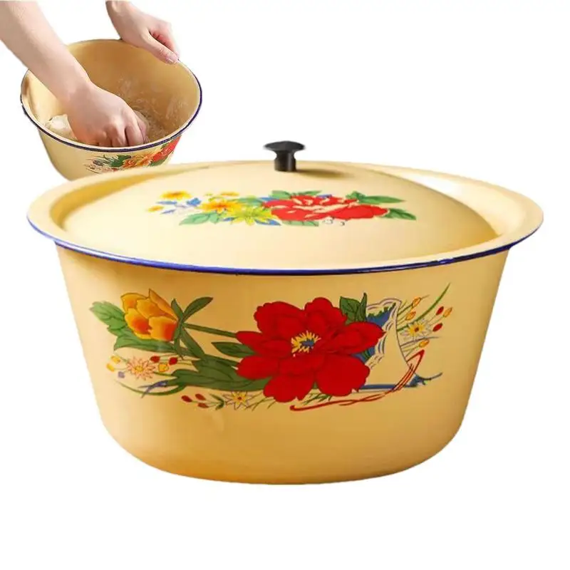 Enamel Mixing Bowl with Lid Retro Vintage Enamel Bowl Vegetable Container Pot Enamel Ware Enamels Soup Basin Container for Rice