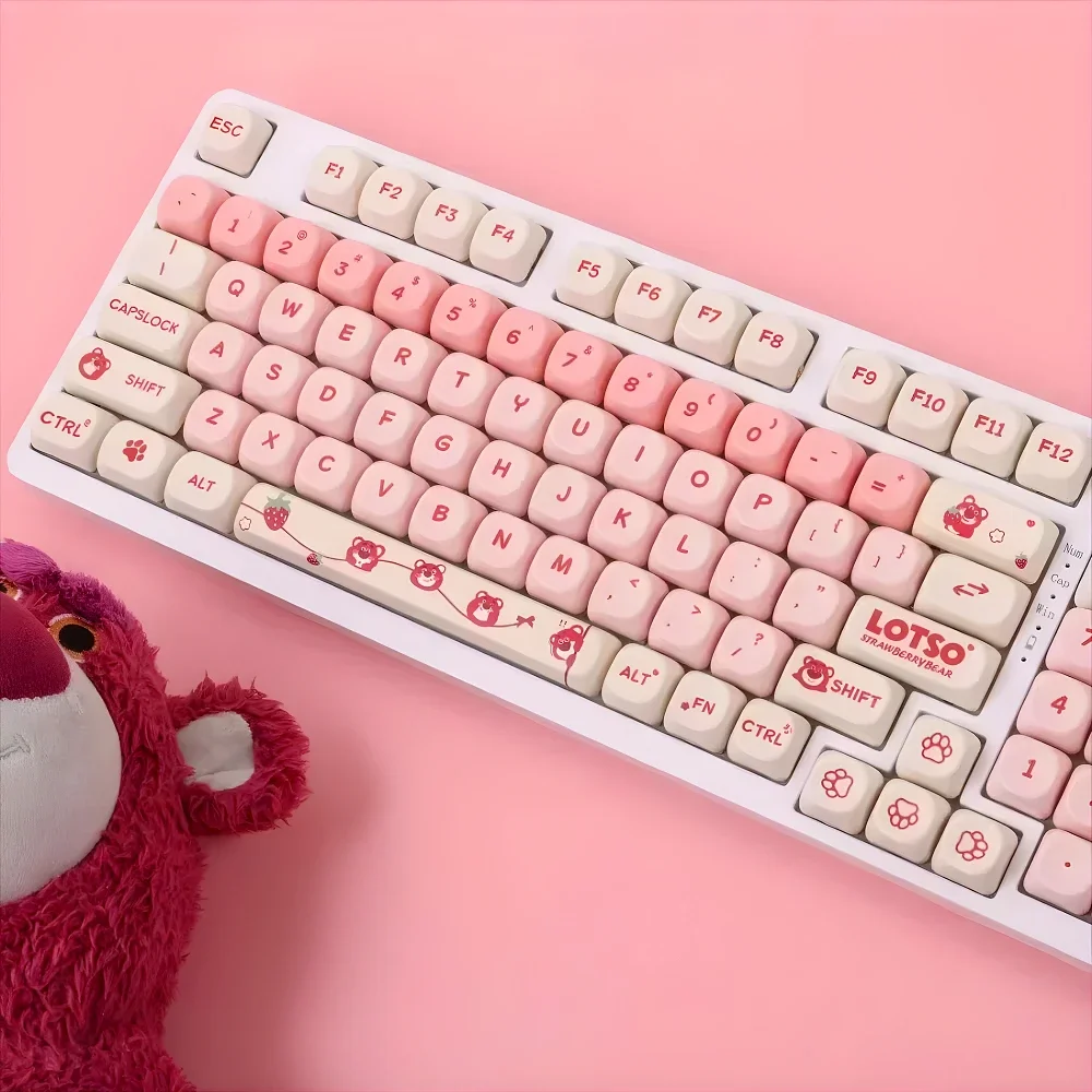 Gradient Color Strawberry Bear MOA Keycap Set PBT Small Complete Set Pink Bear for 60/64/84/98/108 Mechanical Keyboard MX Switch