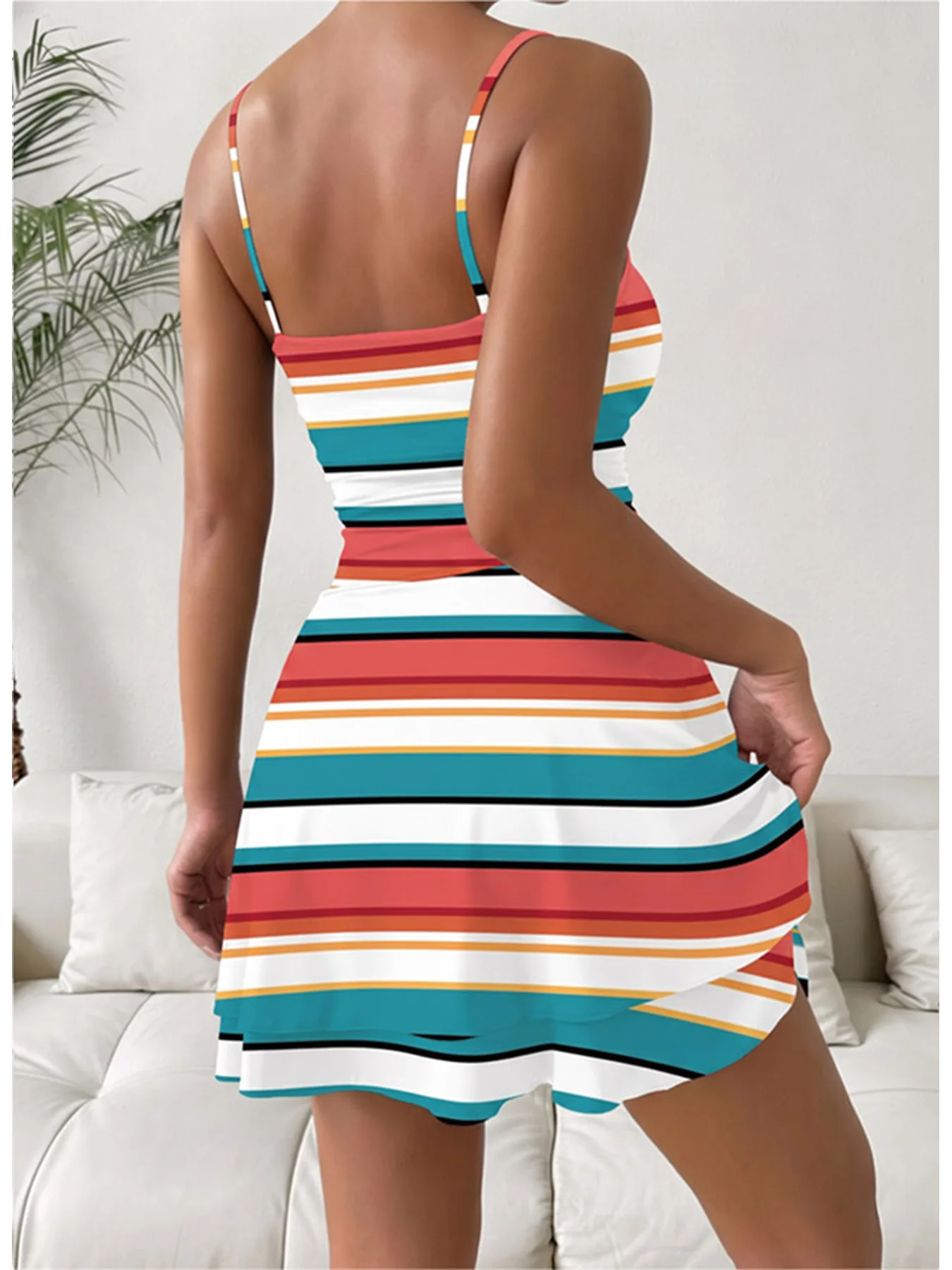 Women's Striped Color-Block Mini Dress Sexy Comfortable One-Neck Suspender Chest Wrapped Waist Cinching Skirt