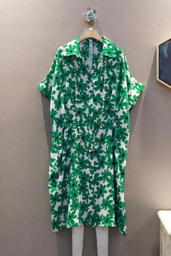 SuperAen-Vestido floral feminino com gola flip, estilo de cintura alta, tamanho solto, retrô, verão, novo, 2024