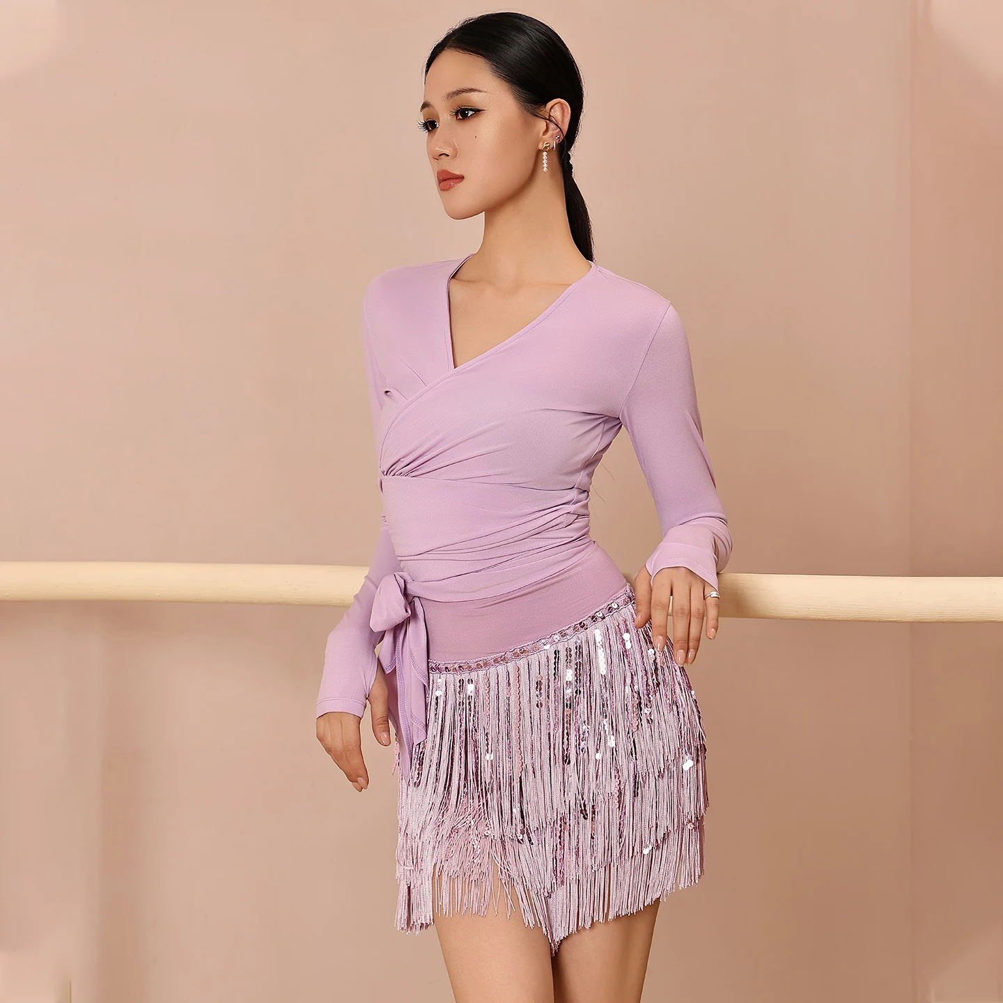 Adulto roupas de dança latina outono inverno prática roupas bandagem topos mangas compridas lantejoulas franja saia feminina dança wear 17931