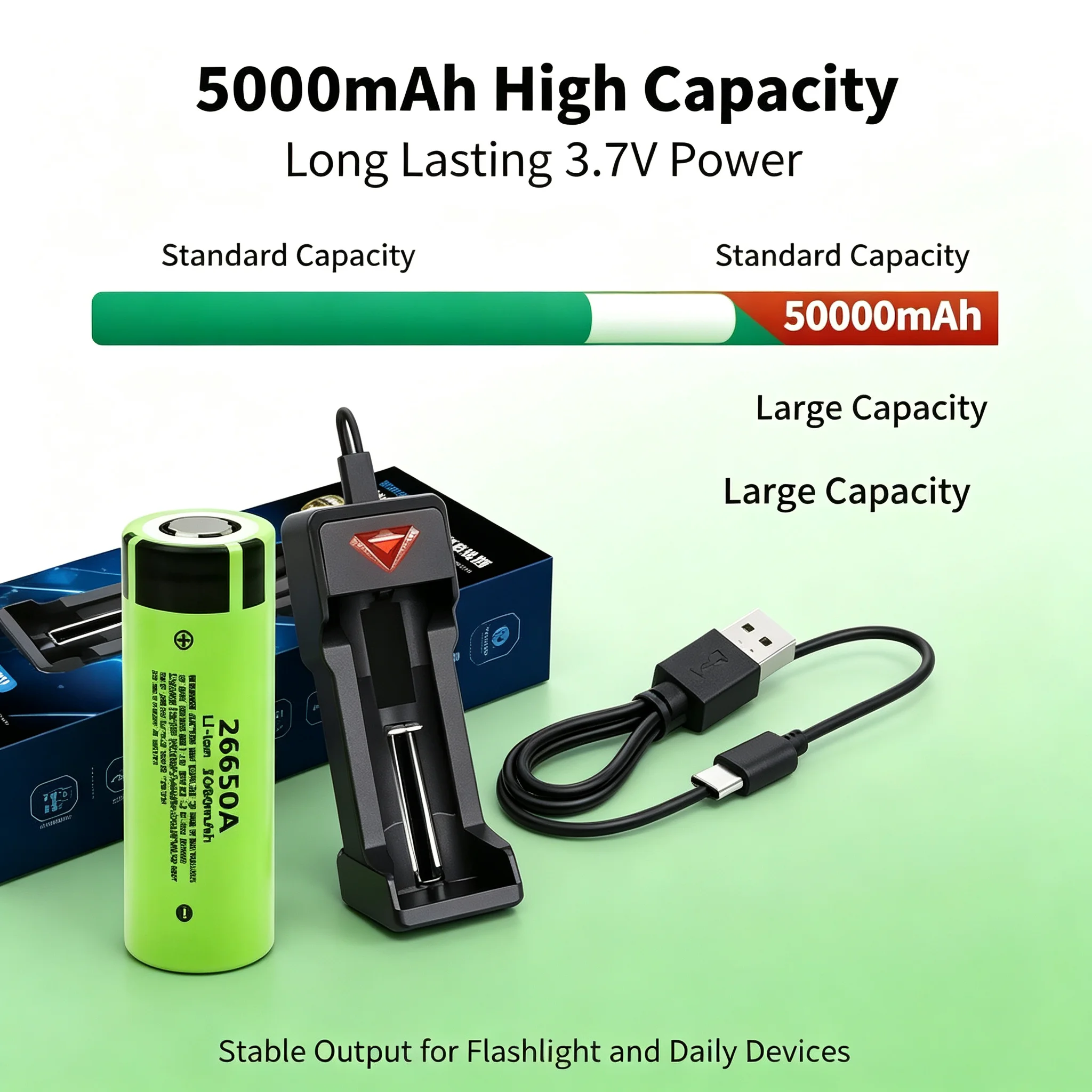 26650A 5000mAh High Capacity 50A High Drain Lithium Ion Battery 3.7V Rechargeable for LED Flashlight With Charger Power Battery