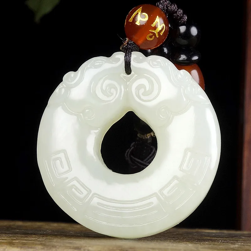 Fine Jewelry Natural Hetian Nephrite Jade White Jade Twin Dragons Guarding Safety Buckle Jade Pendant