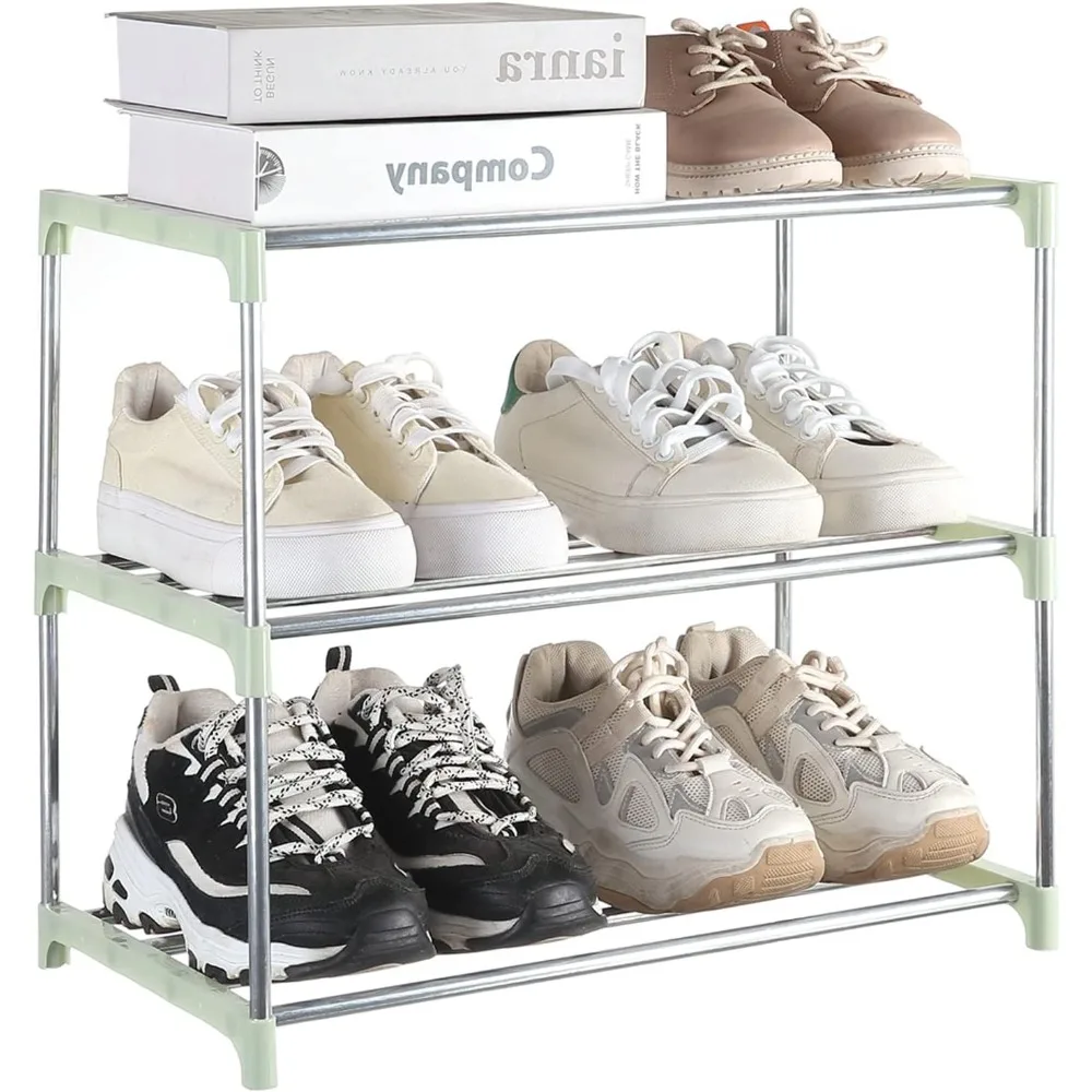 

Small Shoe Rack, Narrow Stackable Shoe Shelf Organizer for Entryway, Doorway and Bedroom Closet (3-Tier, Green)