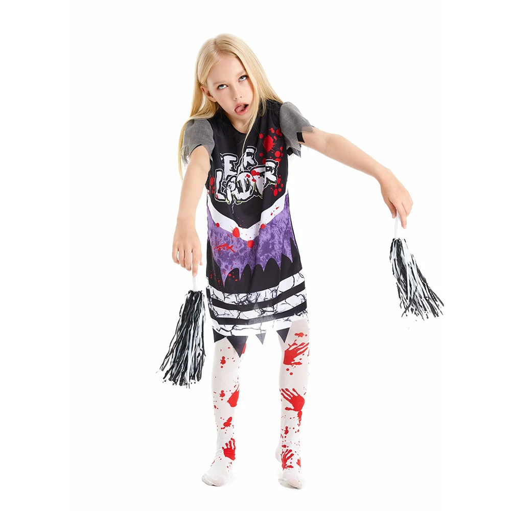 أزياء الهالوين Meisje Zombie Cheerleading Maskerade Kostuum Bloedkousen Uniform Kinder Halloween Thema Feest Cosplay Kostuum
