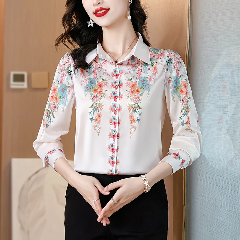 

Магазин Outlet Ladies Faionable Silk irt Retro Print Slim Fit Long Sve на пуговицах Китайский оригинальный дизайн Обычный тонкий