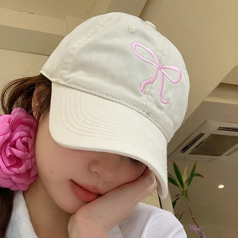 1Pcs Sweet Bowknot Embroidery Baseball Hat For Women Solid Color Korean Girl Peaked Cap Outdoor Soft Cotton Sun Visors Hat ﻿