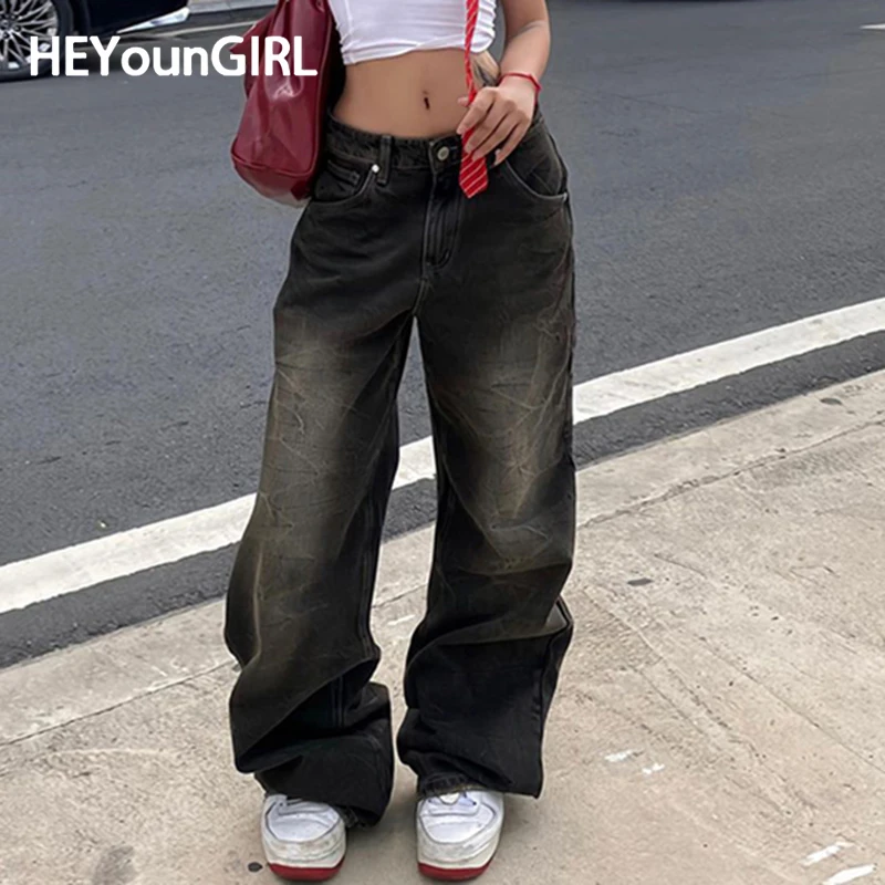 HEYounGIRL Y2K Street Baggyกางเกงยีนส์อเมริกันRetroแฟชั่นหลวมDenimกางเกงBasic Grungeต่ําเอวSweatpantsผู้หญิงเกาหลี 2024