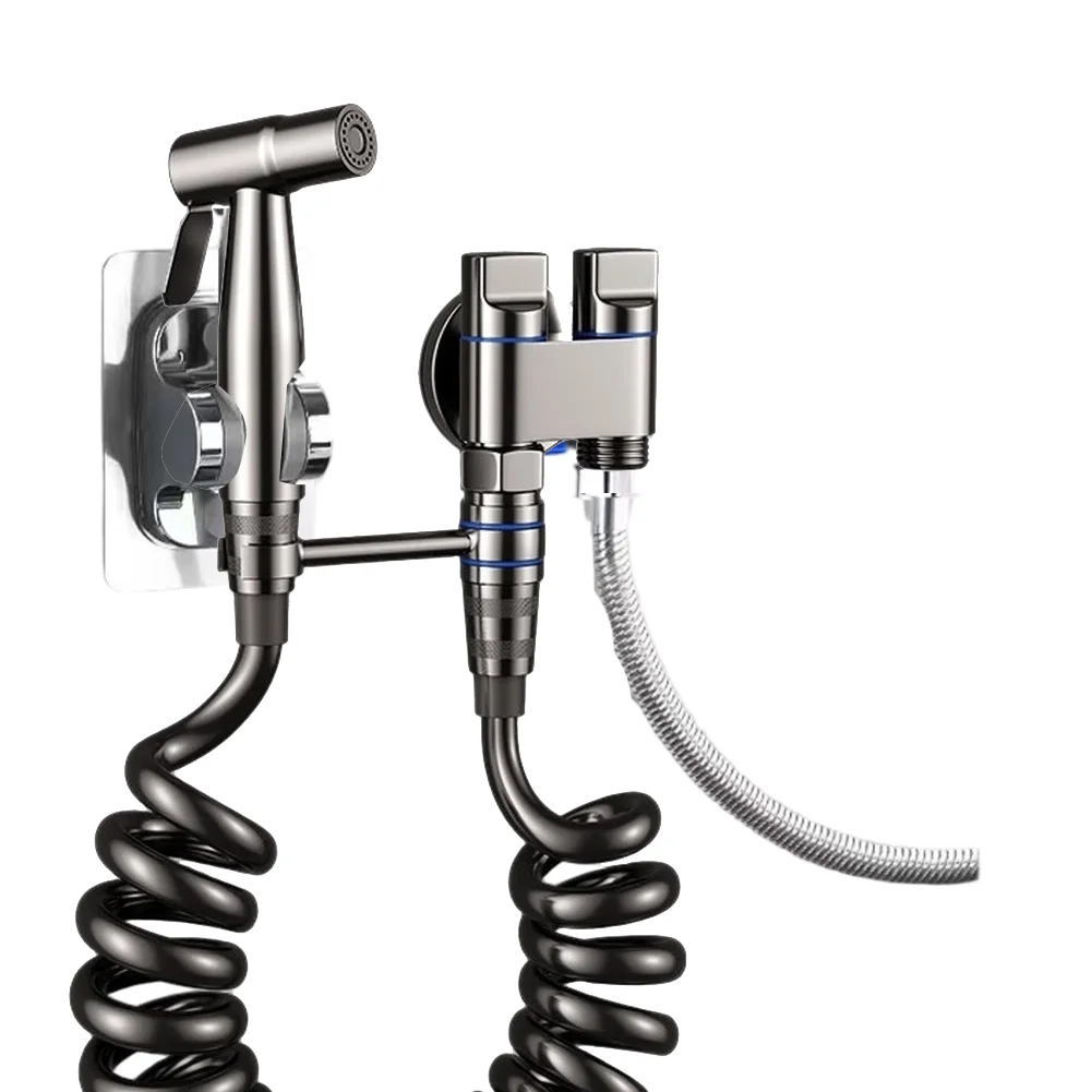 اكسسوارات الحمام طقم رش بيديه للحمام مع صمام تحكم مزدوج صنبور خرطوم زنبركي مرن من الفولاذ المقاوم للصدأ #4