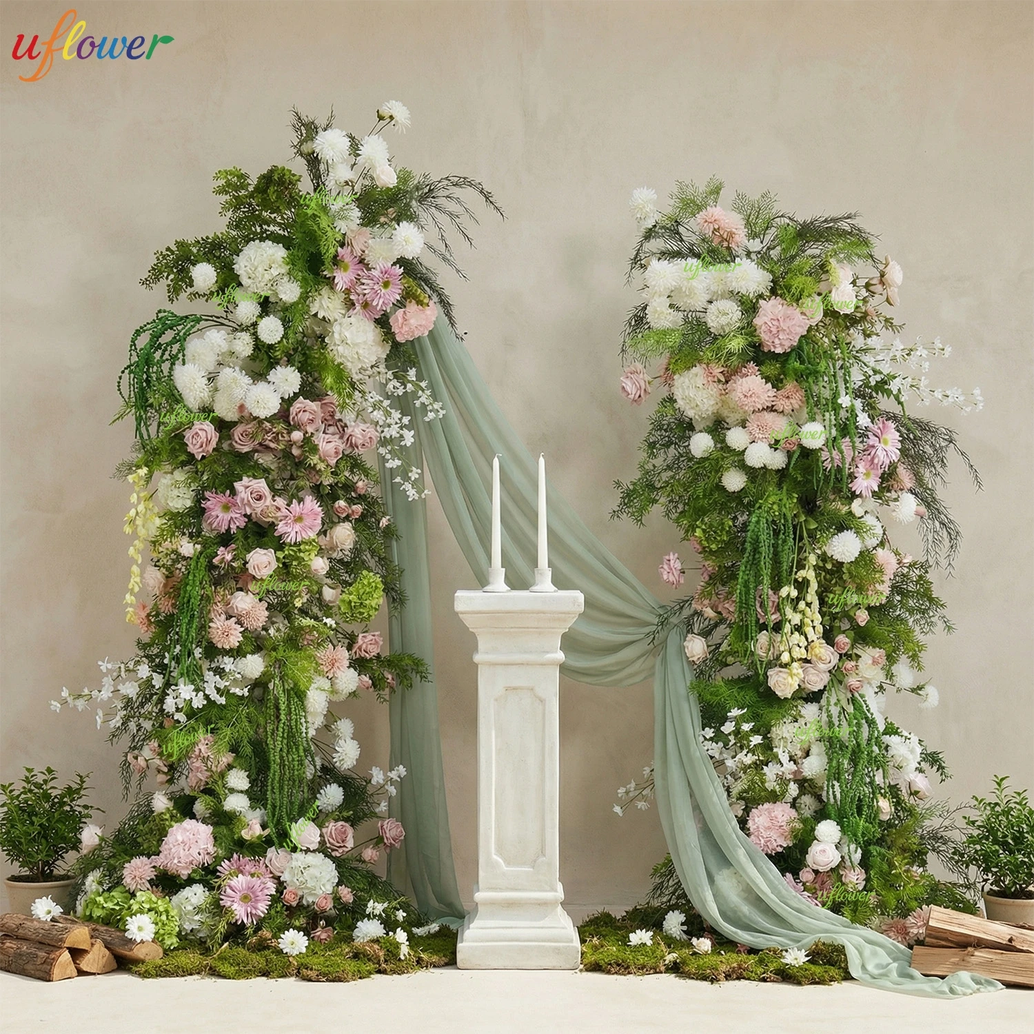 

Uflower Pink White Rose Gydrangea Greenery Floral Row Arrangement Outdoor Wedding Backdrop Horn Arch Stand Party Event Prop