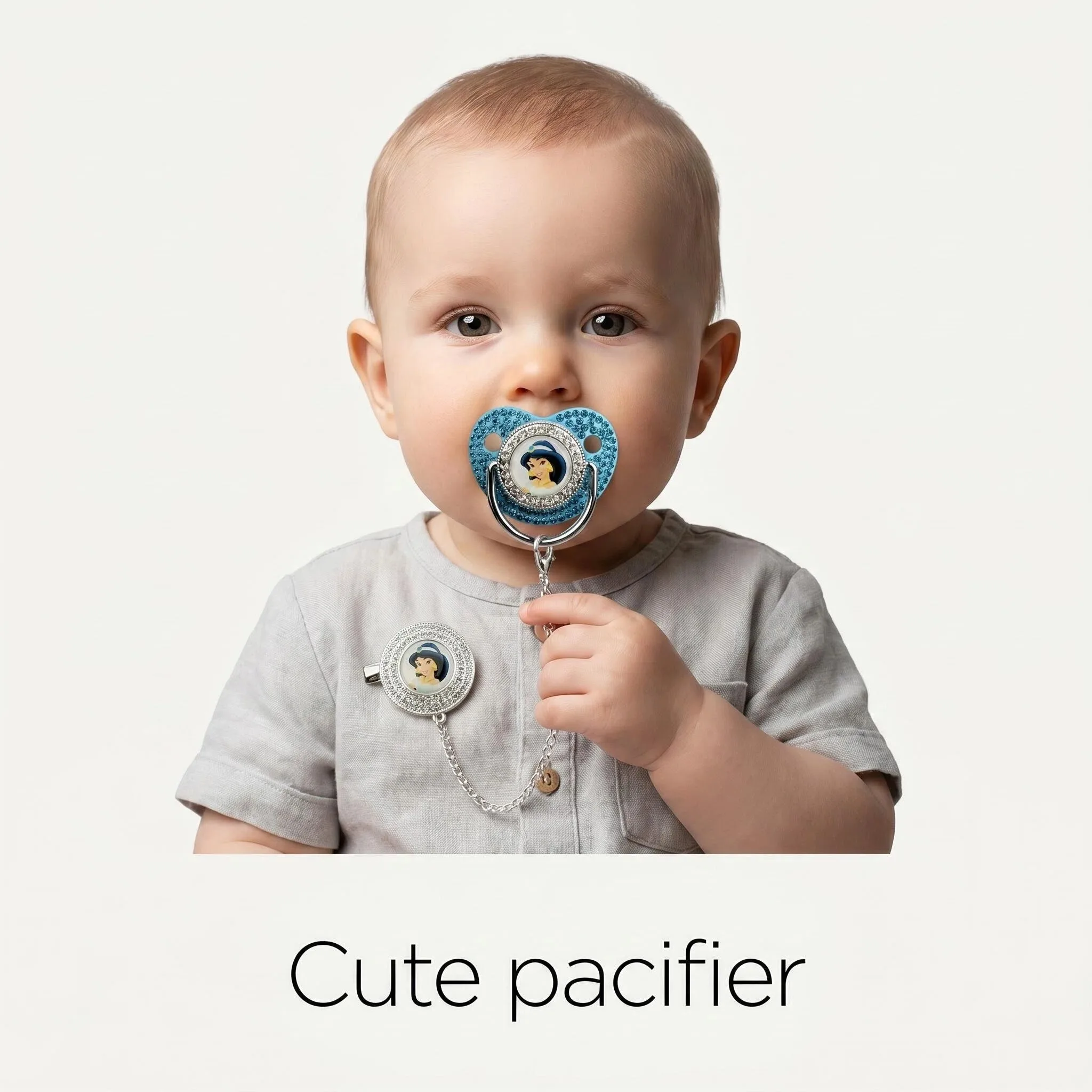 

[Pacifier + chain holder] Cute princess cartoon printed baby flat pacifier nipple Newborn false holder with a human baby chain