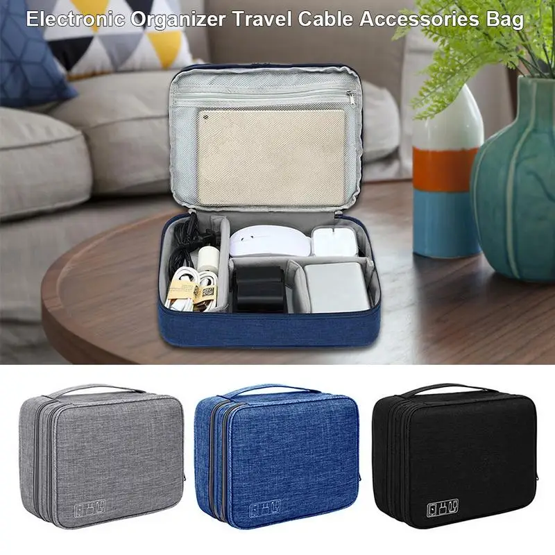 For Home Office Cable Storage Bag Double Layers Power Adapter Pouch Waterproof Nylon Electronics Organizer Travel Holer Case