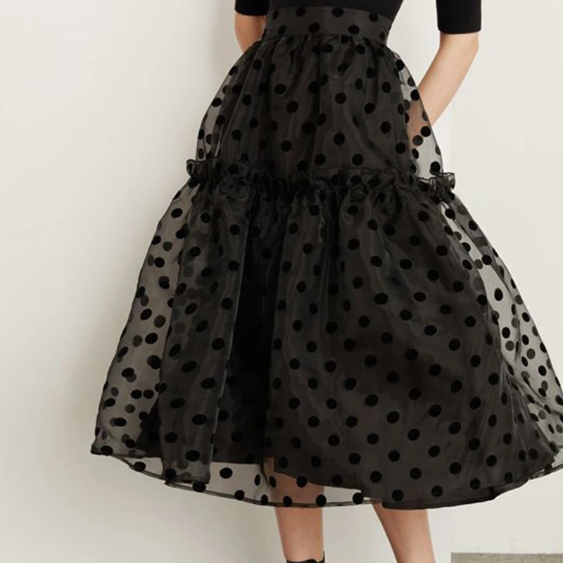 2022 Autumn New  High Waist Slim Organza Flocking Dotted Black Skirt Girl   Casual  A-LINE  Mid-Calf  bandage skirts