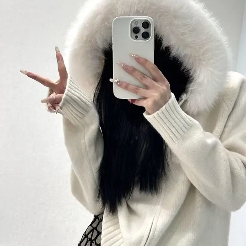 سترة نسائية أساسية باللون الرمادي من Deeptown بياقة من الفرو الصناعي الأسود على طراز المال القديم وسحاب وسترات بقلنسوة كبيرة الحجم كورية غير رسمية للشتاء #3