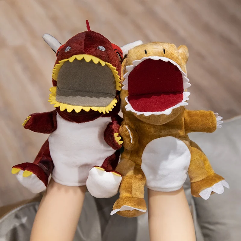 Cartone animato farcito T-rex dinosauro fuoco drago verde Anime burattino di mano giocattoli neonato regalo di compleanno creativo 3D bambola di peluche simulata