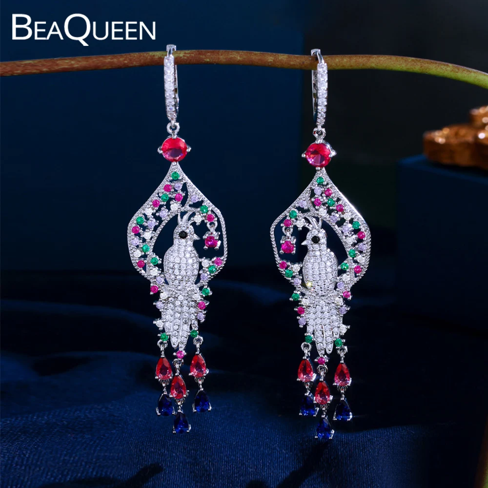 BeaQueen Ethnic Multicolor Cubic Zirconia Silver Plated Bird Tassel Drop Long Earrings Engagement for Women Animal Jewelry E682