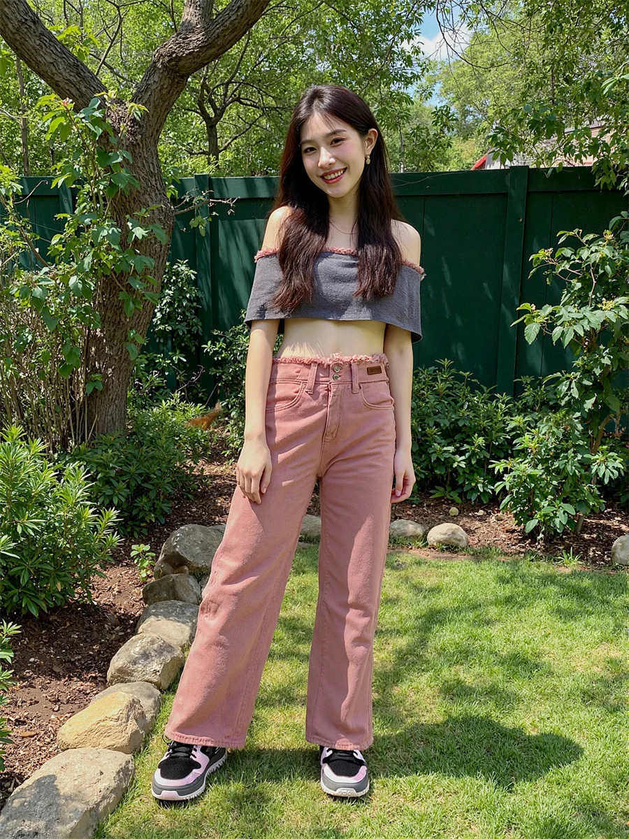 Dżinsy z wysokim stanem i szerokimi nogawkami, spodnie dżinsowe, odzież damska, wiosenne, wytrzymałe, elastyczne, w stylu europejskim, do treningu, sportowe, typu joggers, cargo