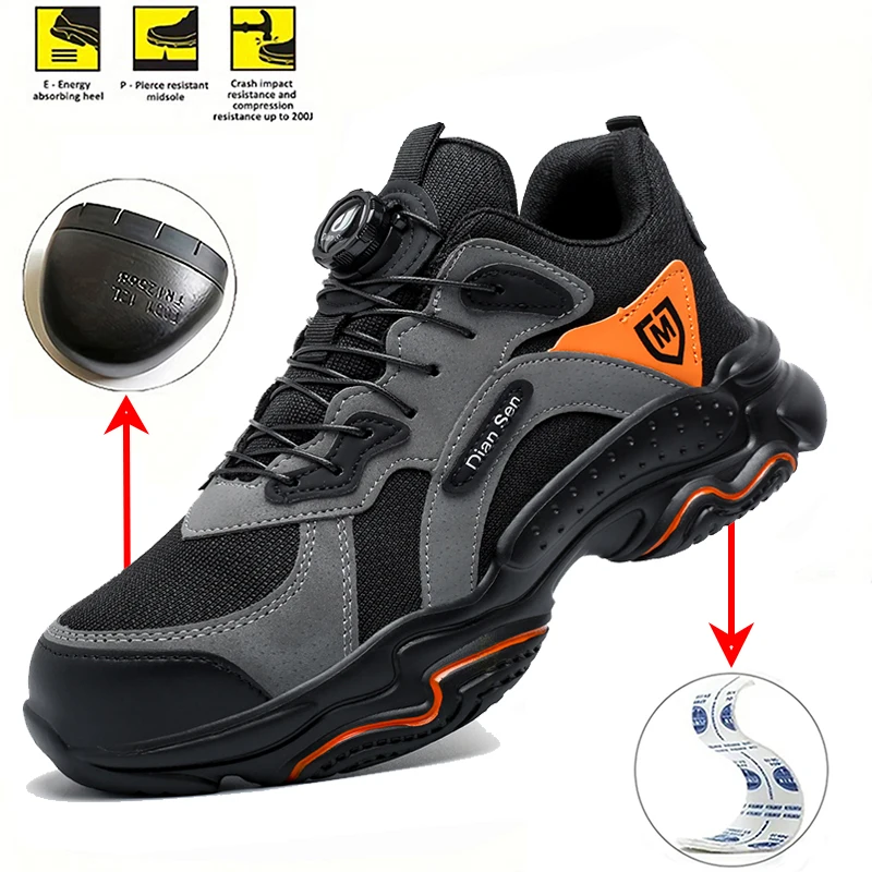 Men Rotating Button Safety Shoes Steel Toe Work Sneakers Indestructible Shoes Puncture-Proof Work Boots Air Cushion Safety Shoes