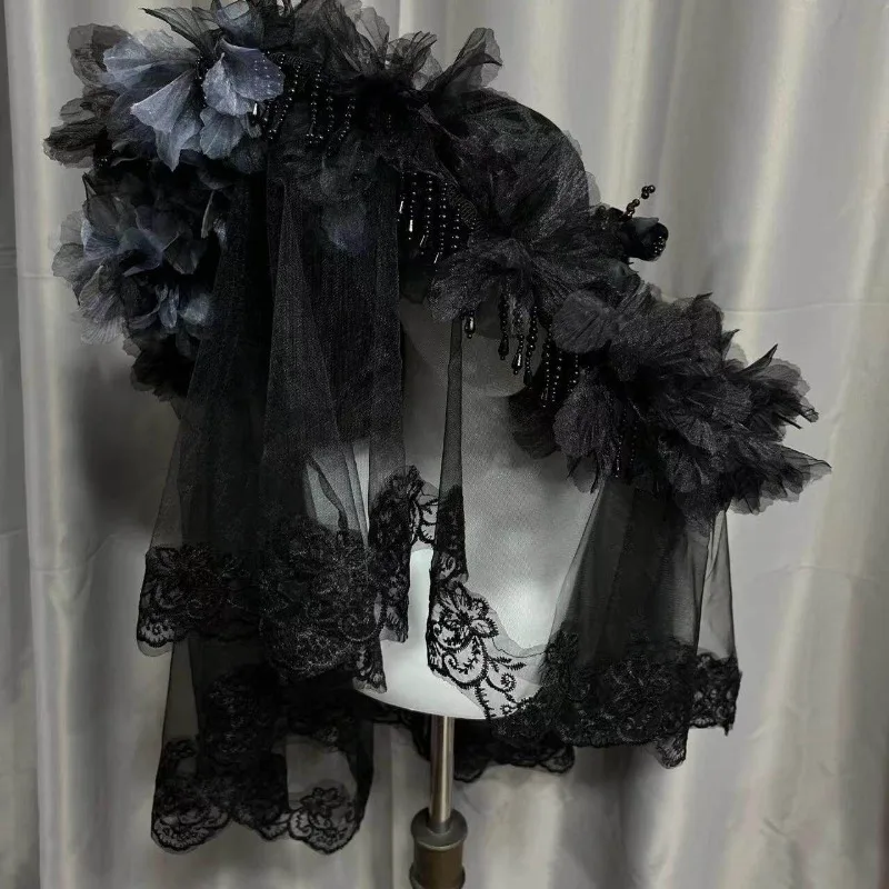 

Black Widow Gothic Hat for Women Handmade Lolita Tassel Headpiece Long Veil Brim Cap for Costume Festival DIY Dark Headwear