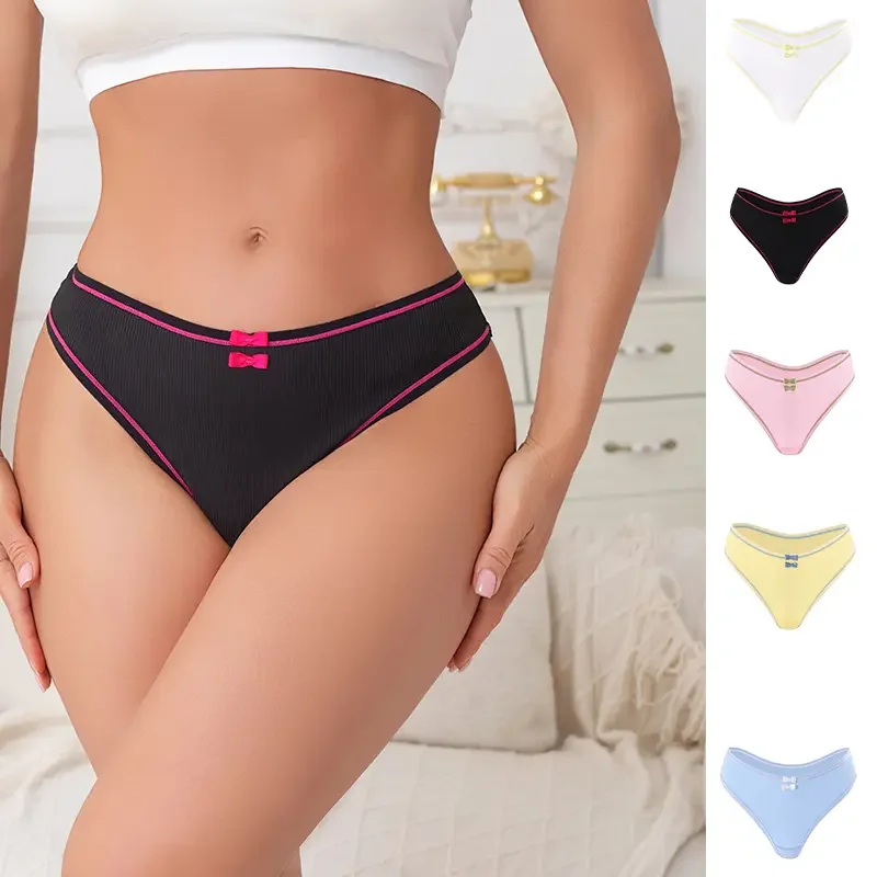 

5 шт./упак. Женские трусики с низкой посадкой, однотонные, мягкие, в рубчик, сексуальное нижнее белье, с бантом, дышащие, бесшовные, женские трусы