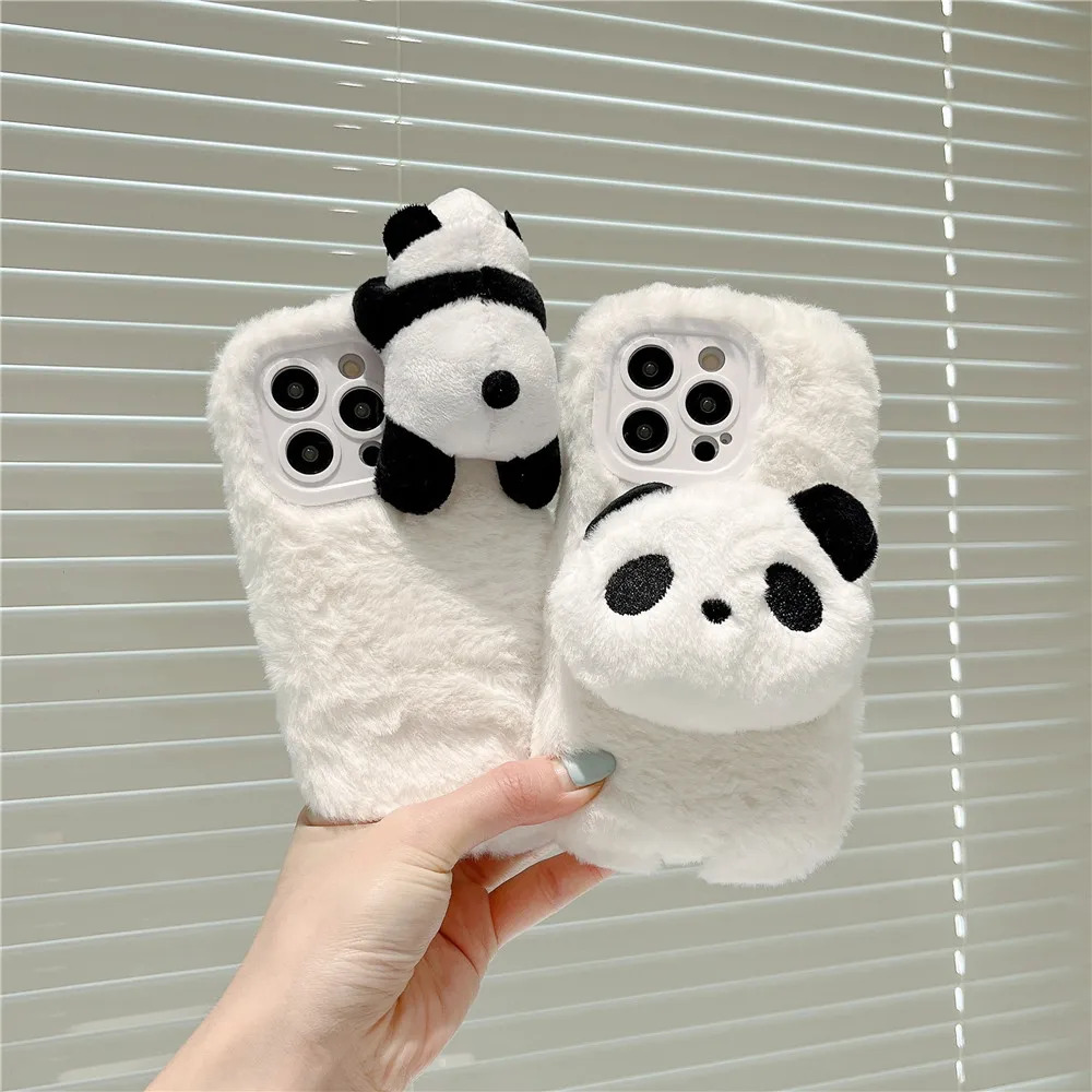 3D Cute Back Toy Panda Winter Warm Furry Phone Case For iPhone 11 12Pro 13 14 15 15Pro Max Camera Lens Silicone Soft Plush Cover