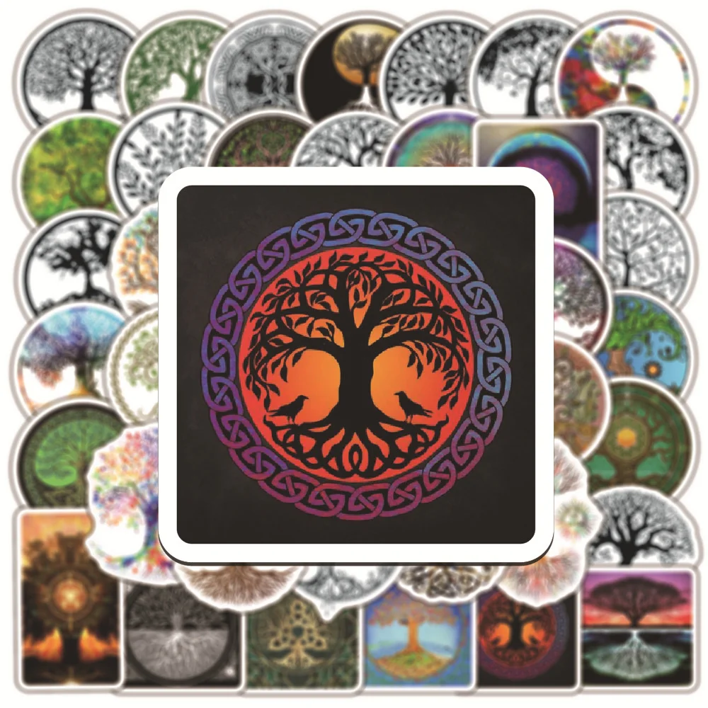 50pcs Retro Miracle Tree of Life Stickers For Notebooks Stationery Guitar Belief Totem Sticker Vintage Scrapbooking Supplies