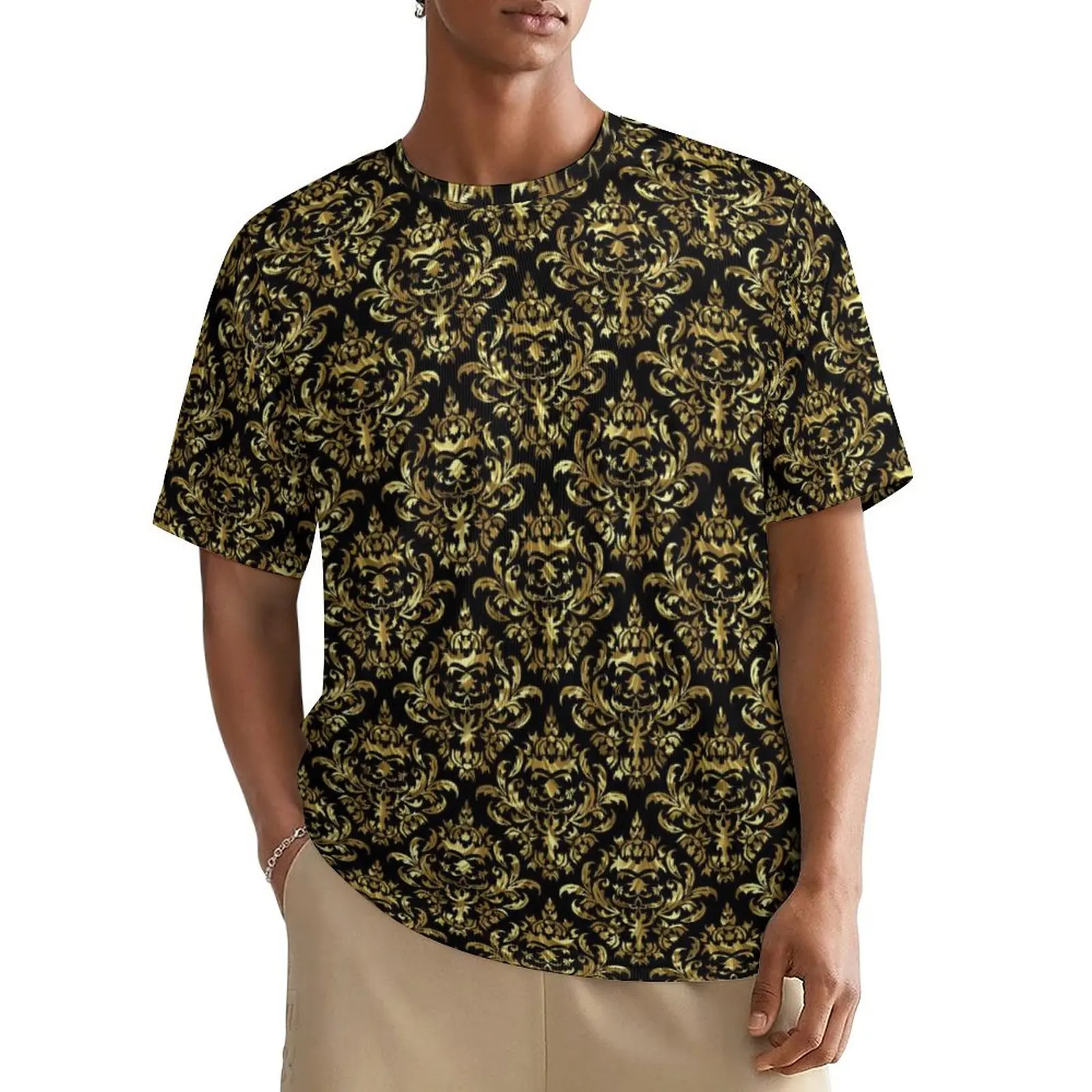 Gold Floral Damask T Shirt For Men Geometric Print Design O Neck T-Shirts Beach Vintage Short-Sleeve Streetwear Oversized Tees