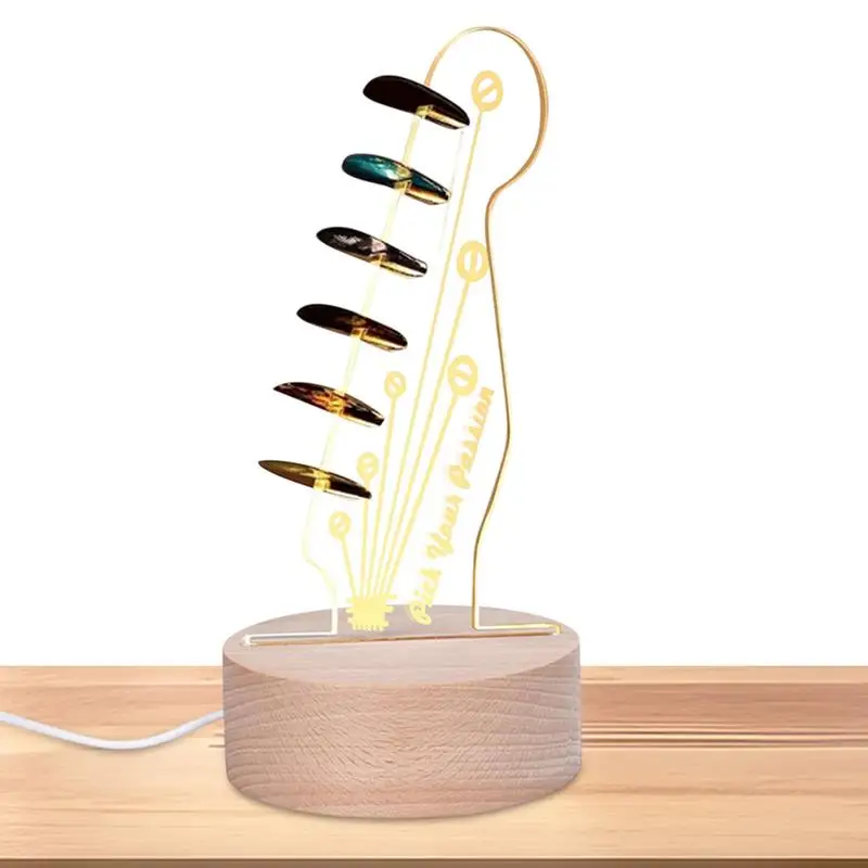

Guitar Pick Display Light Up Acrylic Electric Guitar Headstock Shaped Pick Holder Bass Pick Display Holder With Wooden Base