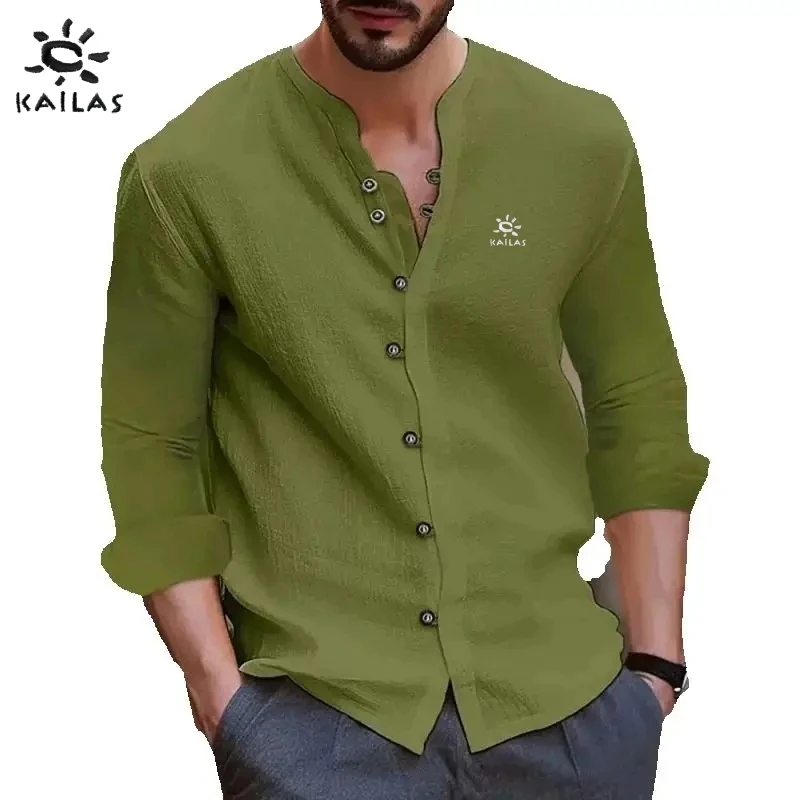 

New men's high-quality pure cotton retro long sleeved shirt, fashionable, casual, comfortable, versatile long sleeved polo shirt
