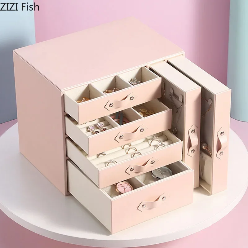 

European Six Grids Drawers Storage Box PU Leather Separate Grid Makeup Box Dressing Table Jewelry Necklace Earrings Hanging Rack