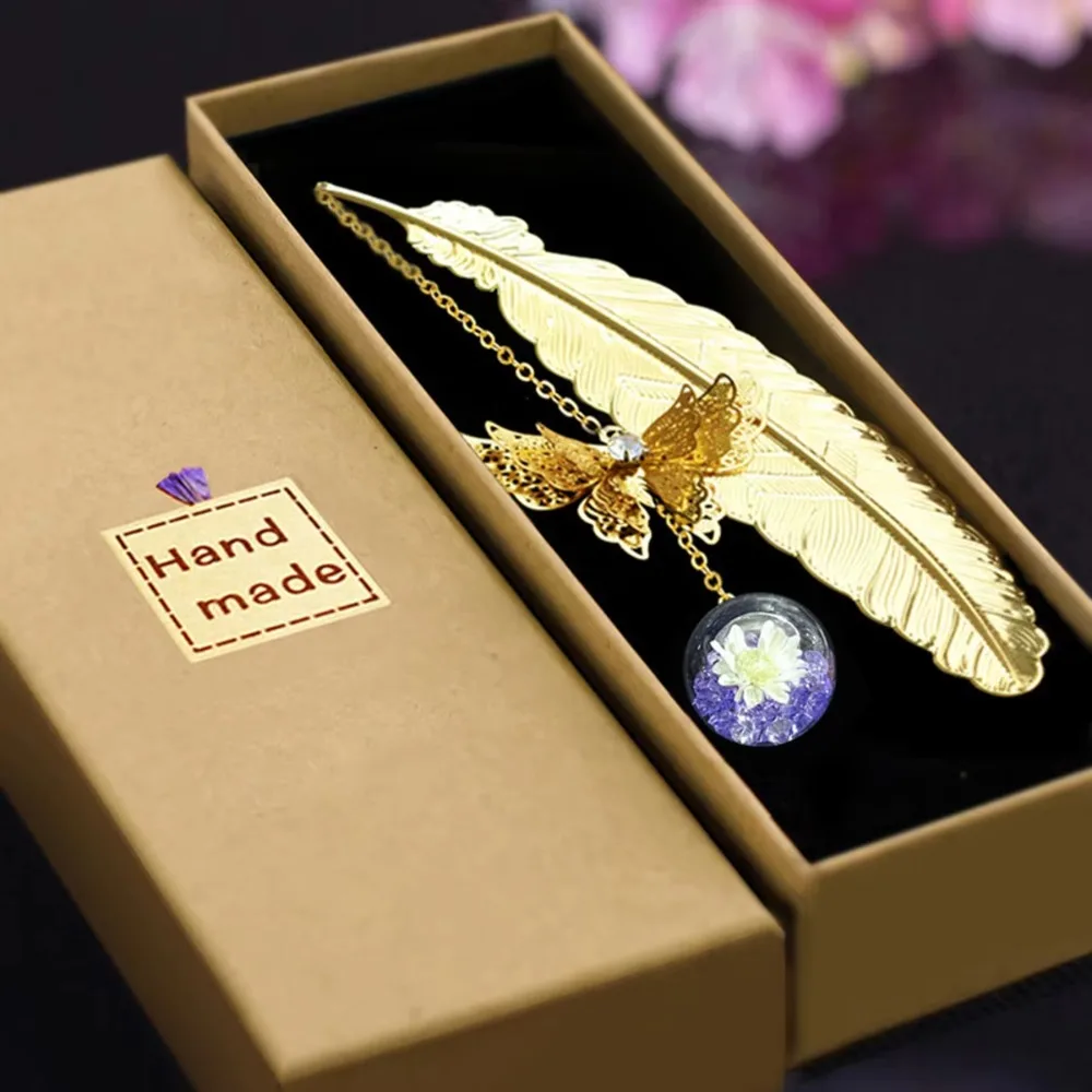 1Pcs Metal Feather Bookmark with Dried Flower Butterfly Boxed ,Teacher's Day Gift, Student Reading Accessory Creative Bookmark image 3