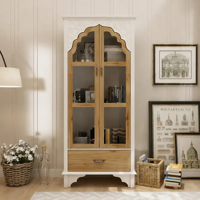 Retro Solid Wood Glass Wine Cabinet Medieval Carved Bookcase Dining Sideboard American Country Living Room Storage Display