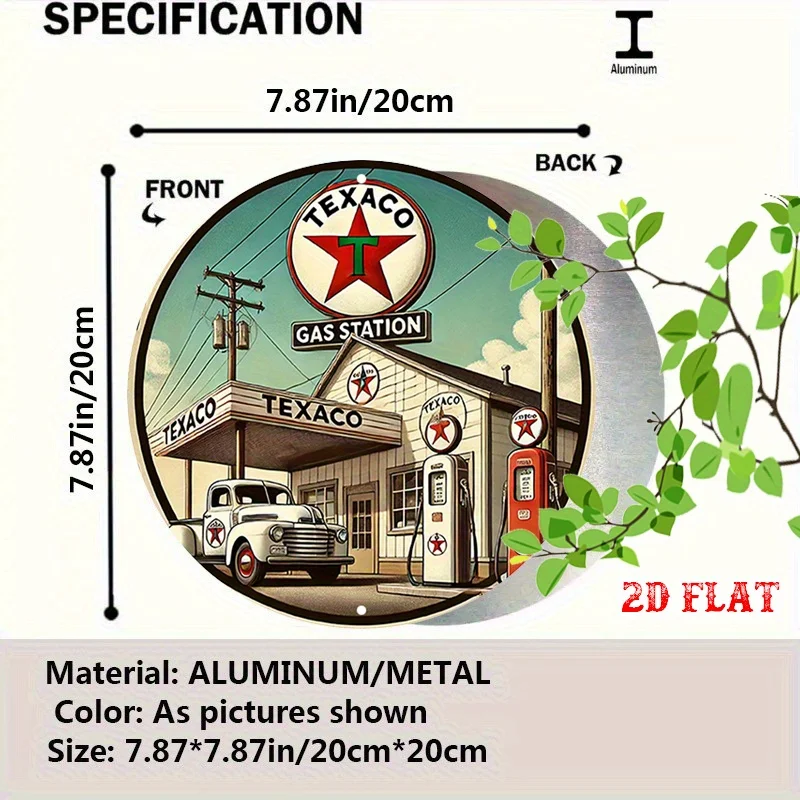 2D Flat Texaco Round Aluminum Sign, Gas Station Round Aluminum Sign, Wall Decoration Sign for Home, Garage, Restaurant, and Cafe