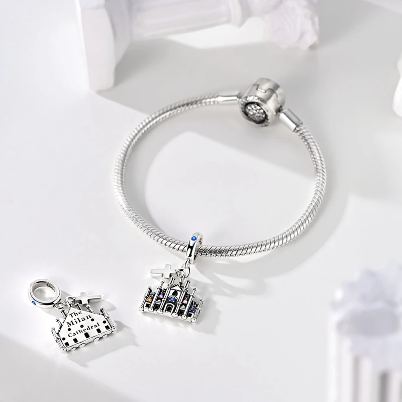 925 Sterling Silver Charms Bead CZ Zircon Theater Tower Architecture Series Pendants DIY Jewelry Woman Gift