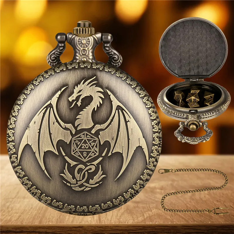 Bronze 7pcs Tiny Polyhedral Metal Dice Set with Engraved Dragon Pocket Watch Case FOB Chain Role Play Gaming Dices