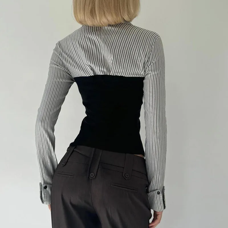 

Полосатая рубашка с цветными блоками в американском стиле для зрелых девушек, 2024, нишевый дизайн, плиссированный кардиган с завязкой на талии