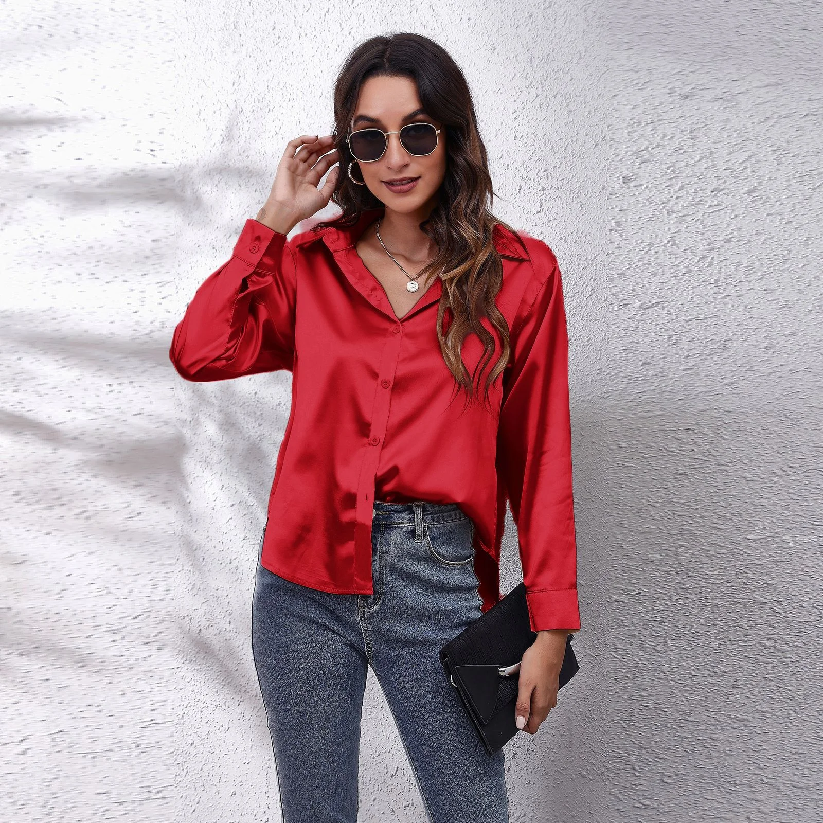 Women\'s Spring New Fashion Casual Street Button Shirt Satin Silk Top Elegant and Comfortable Long Sleeve Loose Shirt