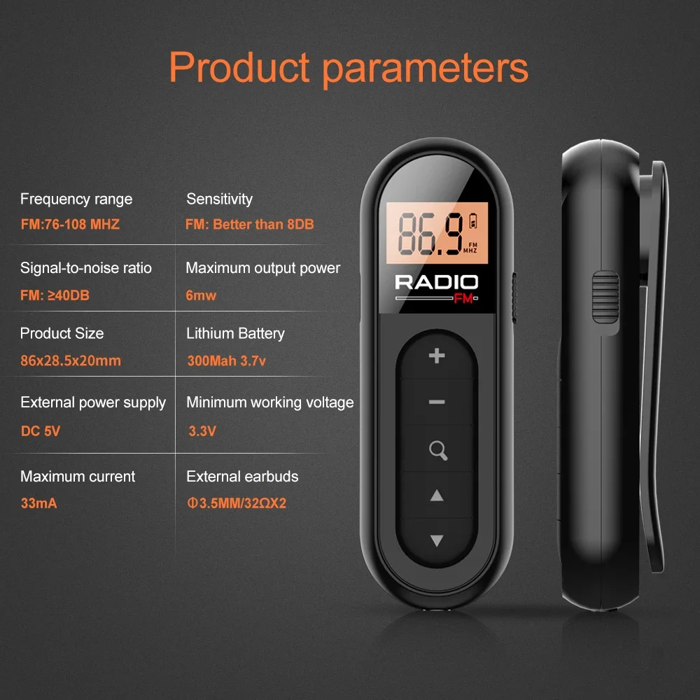 راديو FM مشبك على راديو محمول صغير 76-108 ميجا هرتز 3.5 ملم مقبس سماعة الرأس قابل لإعادة الشحن مناسب للاجتماعات والسفر Woopker