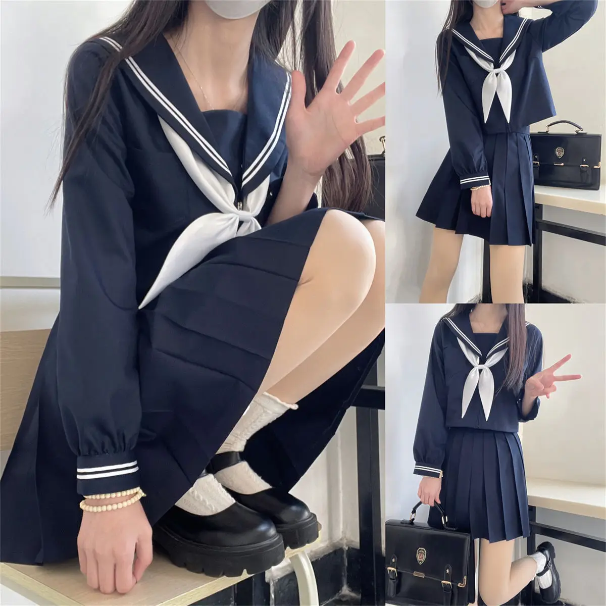 Uniforme escolar japonês de manga comprida para menina, terno JK, uniforme básico de marinheiro feminino, novo, primavera e outono, 2024