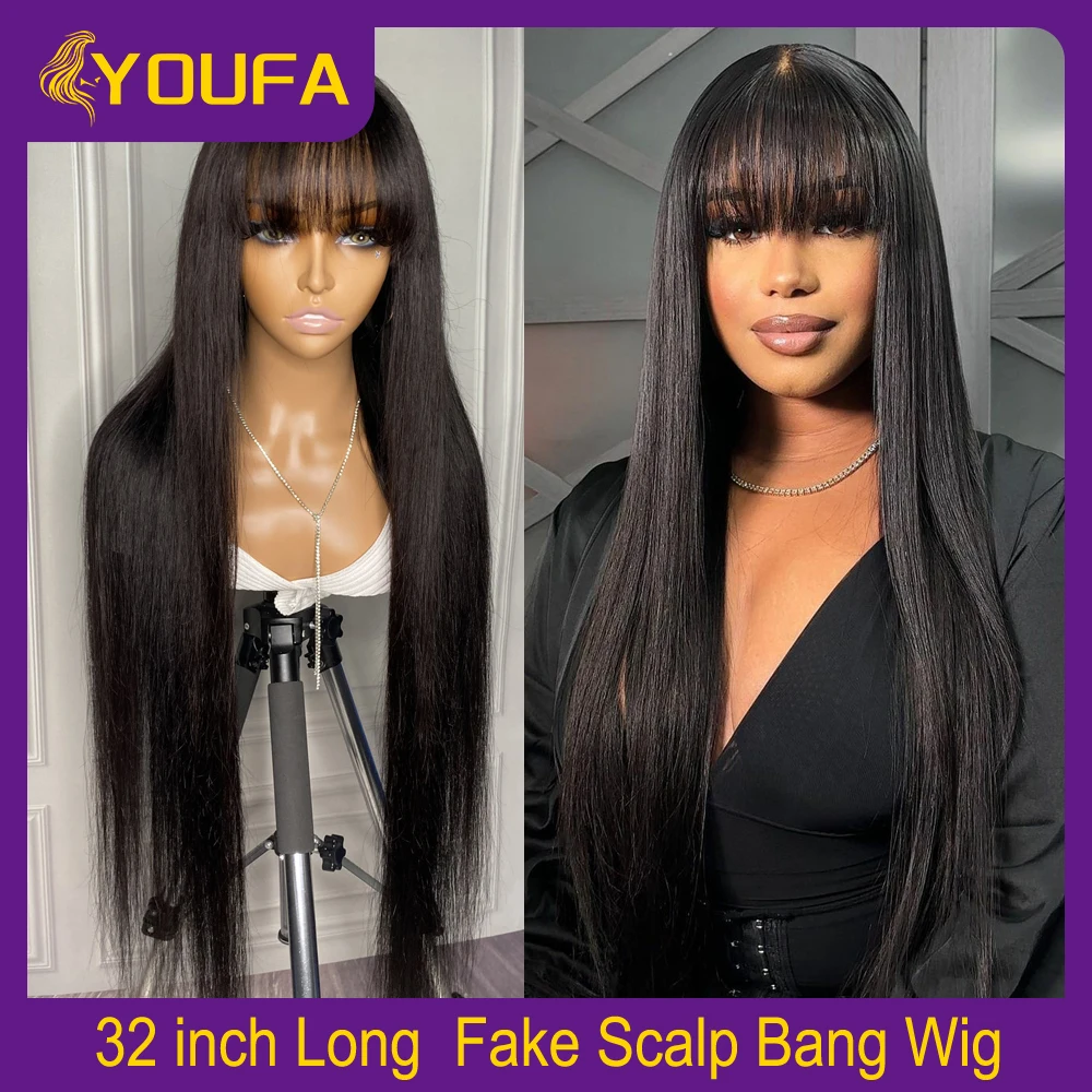 Fake Scalp Bang Wig 100% Human Hair Wig 3 Inch Realistic Scalp Fringe Wig 16-32 Brazilian Straight Human Hair Wigs With Bangs - Image 4