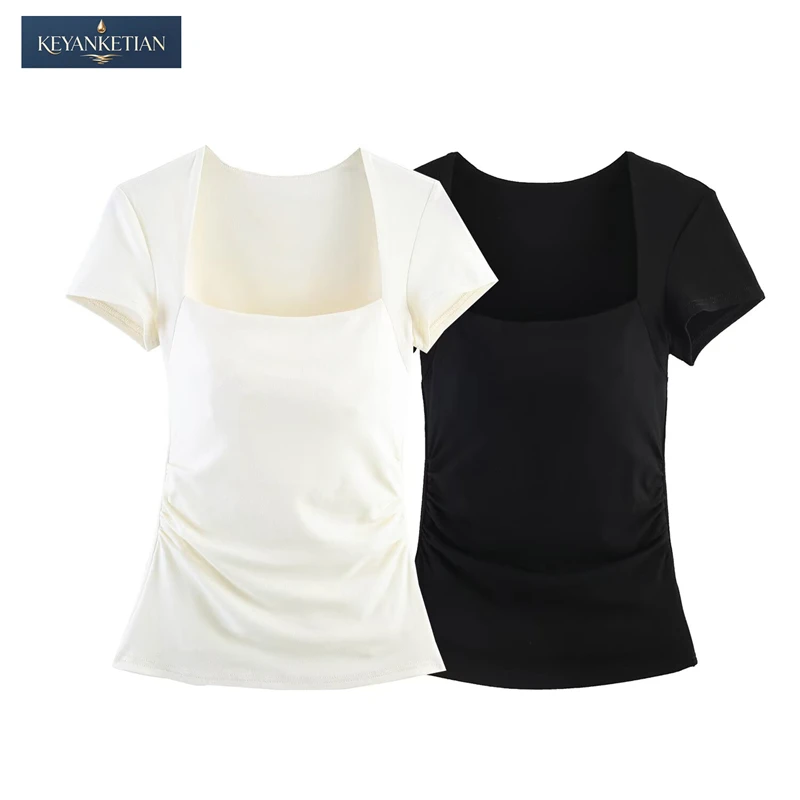 KEYANKETIAN 2026 Summer French Elegant Square Neck T-Shirt Slim Fit with Side Ruched Detail & Short Sleeves Top