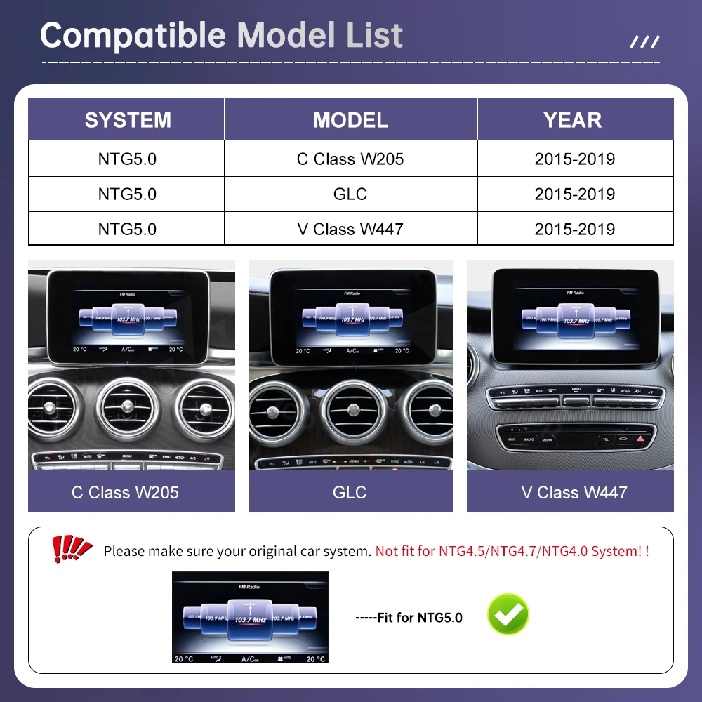 12.3 Ultra Thin Linux Touch Screen for Mercedes Benz W205 GLC C V Class W447 2015-2019 Car Radio GPS With Carplay Android Auto