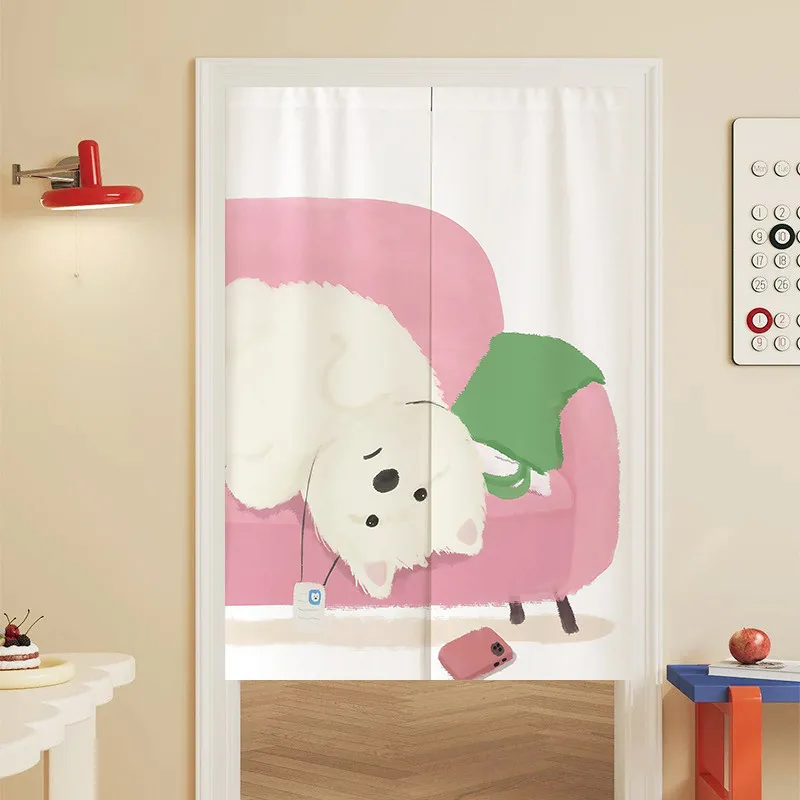 VIKAMA Lazy Puppy Print Noren Curtain Cute Style Privacy Curtain Kitchen Nursery Room Entrance Partition Home Decor