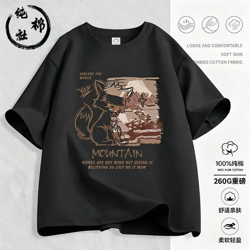 Children's Oil Painting Fox Snow Mountain Short Sleeved Printed T-shirt for Couples Summer Casual Ins Half Sleeved Loose Top